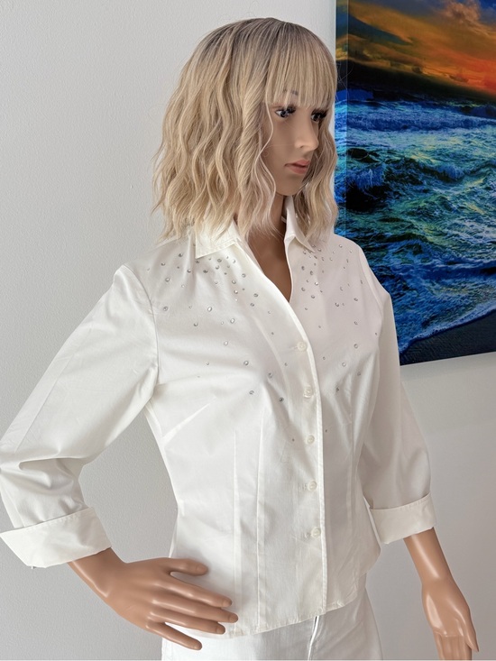 Nine West Tops - Pretty Nine West White Embellished Button-Front Blouse with Crystals, Size 6